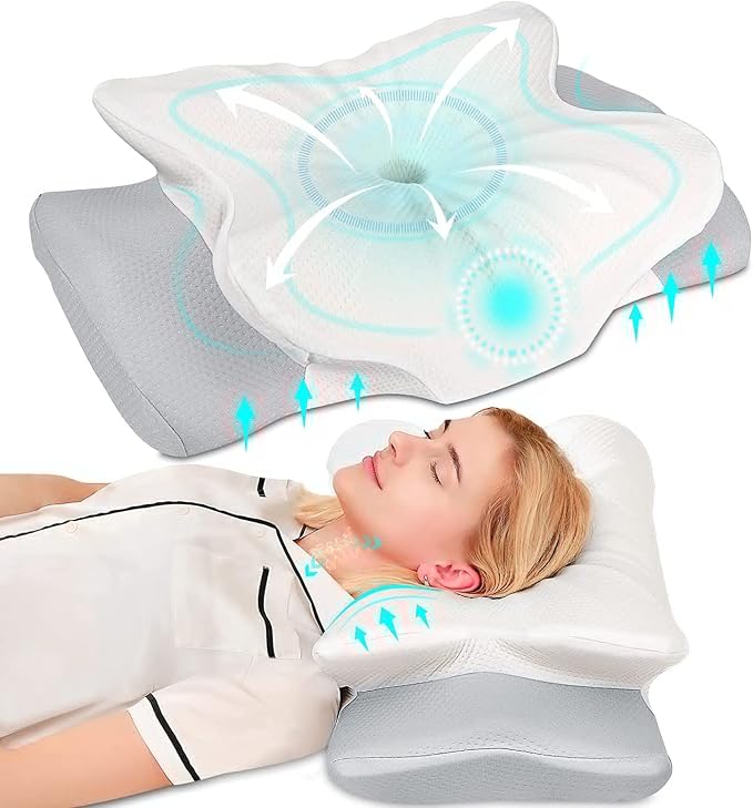 A woman rests on a Pulatree Pillow for Back Stomach Sleeper, enjoying gentle airflow as she relaxes on the soft surface.