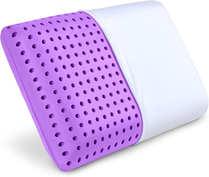The Pharmedoc Cooling Memory Foam Pillow features a purple design with holes for enhanced comfort and support.