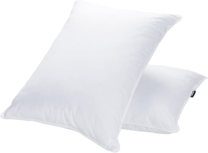 A pair of JA COMFORTS Down Feather Pillows displayed on a white background, highlighting their plush and inviting appearance.