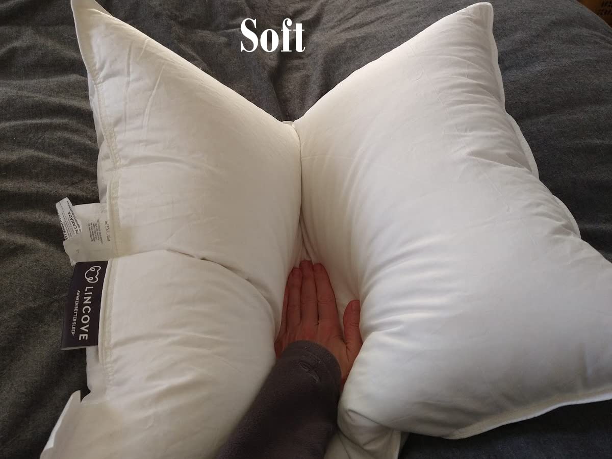 A person holds a soft Lincove Cloud Natural Canadian White Down pillow, showcasing for review.