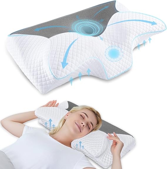 A woman rests on a HOMCA Cervical Pillow featuring the words "sleep" and "cool" printed on it.