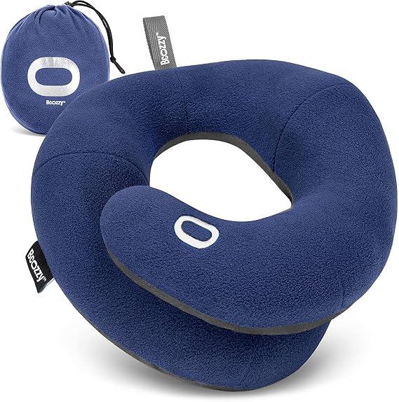 The BCOZZY Neck Pillow for Travel is blue and features a convenient pouch for easy storage.