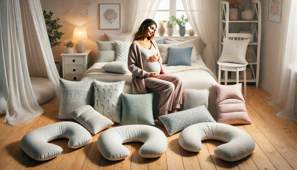 A woman sits on a bed surrounded by pillows, enjoying comfort with the 10 Best Pregnancy Pillows for support.