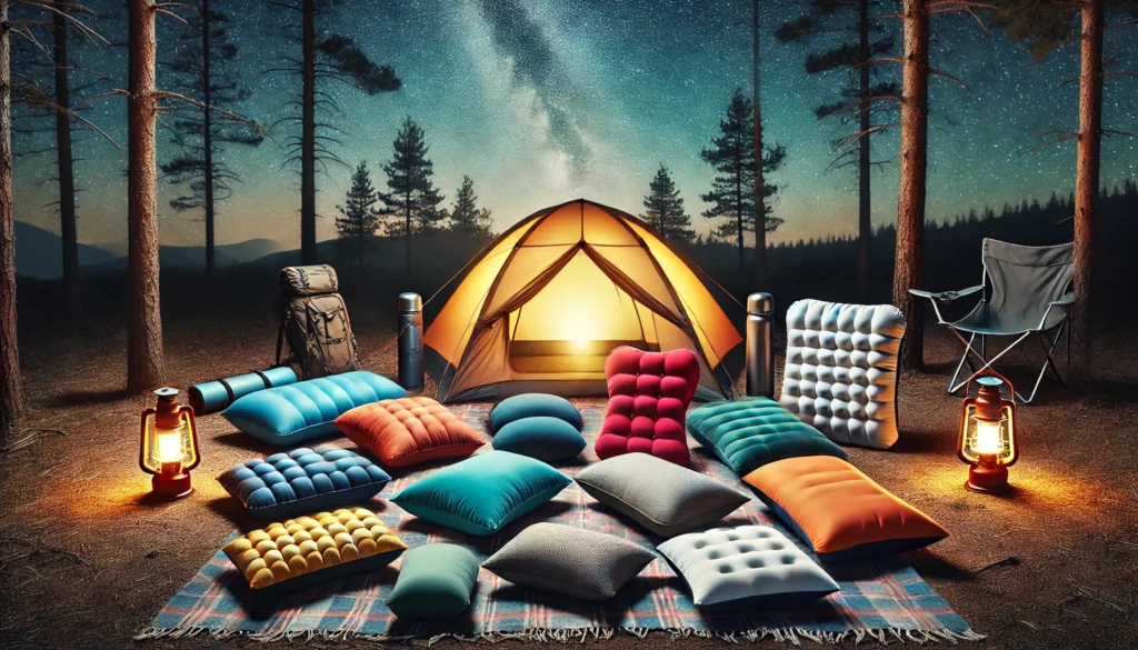 A tent and camping chairs are arranged in a peaceful wooded area, perfect for enjoying the 10 best camping pillows.