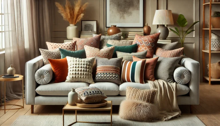 A sofa filled with a variety of colorful pillows, featuring the 10 Best Throw Pillow Covers for a cheerful atmosphere.