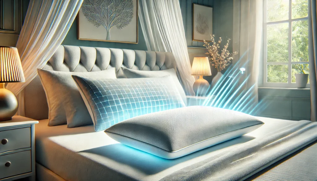 A pillow rests on a bed, illuminated by soft light, inviting thoughts on what is the best cooling pillow for comfort.