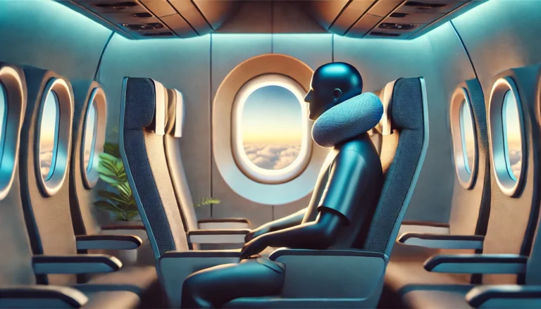 A man relaxes in an airplane seat with his head on the armrest, illustrating how to wear a neck pillow for travel comfort.