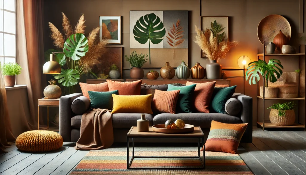 A cozy living room featuring a couch, a table, and several plants, perfect for discussing what color pillows for dark brown couch.