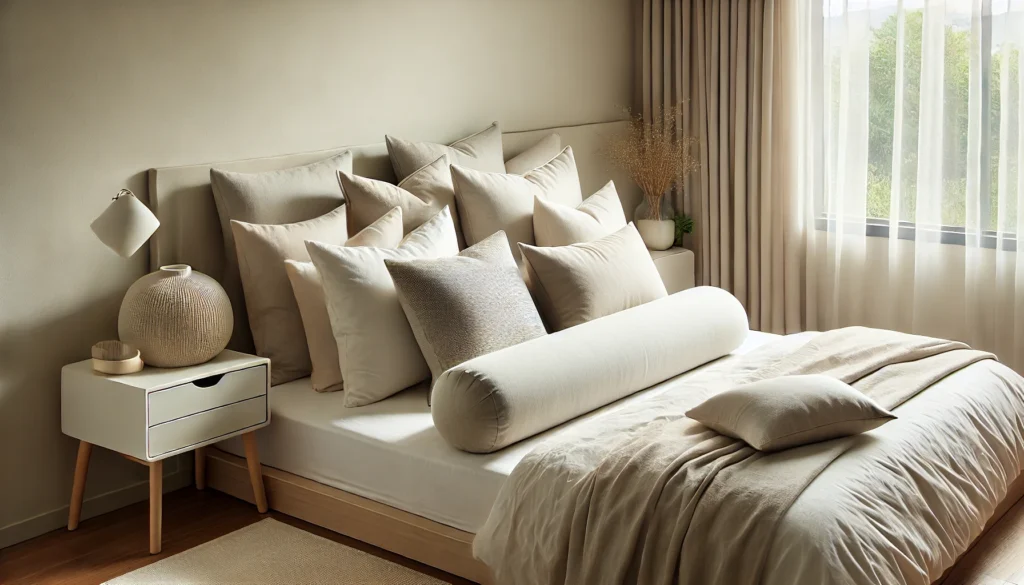 A cozy bed with soft pillows and a nightstand beside it, illustrating how to keep pillows on the bed without a headboard.