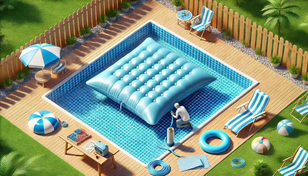 A pool featuring a large inflatable pool and chairs, perfect for relaxation and fun. Learn how to inflate an air pillow for your pool.