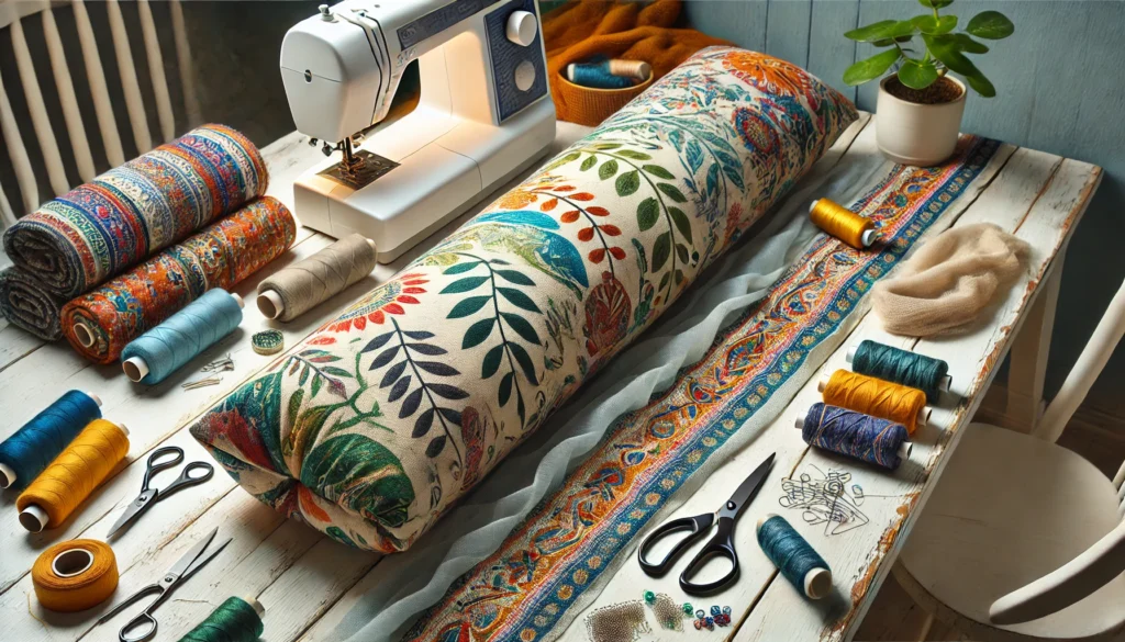 A sewing machine on a table with scissors and fabric, perfect for learning how to wrap a long pillow.