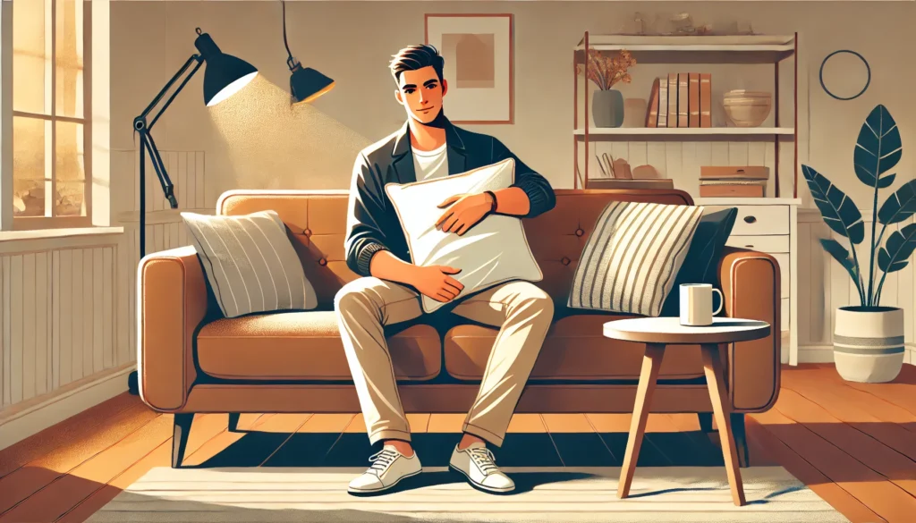 A man sits on a couch, holding a pillow on his lap, reflecting on why do guys put pillows on their lap.