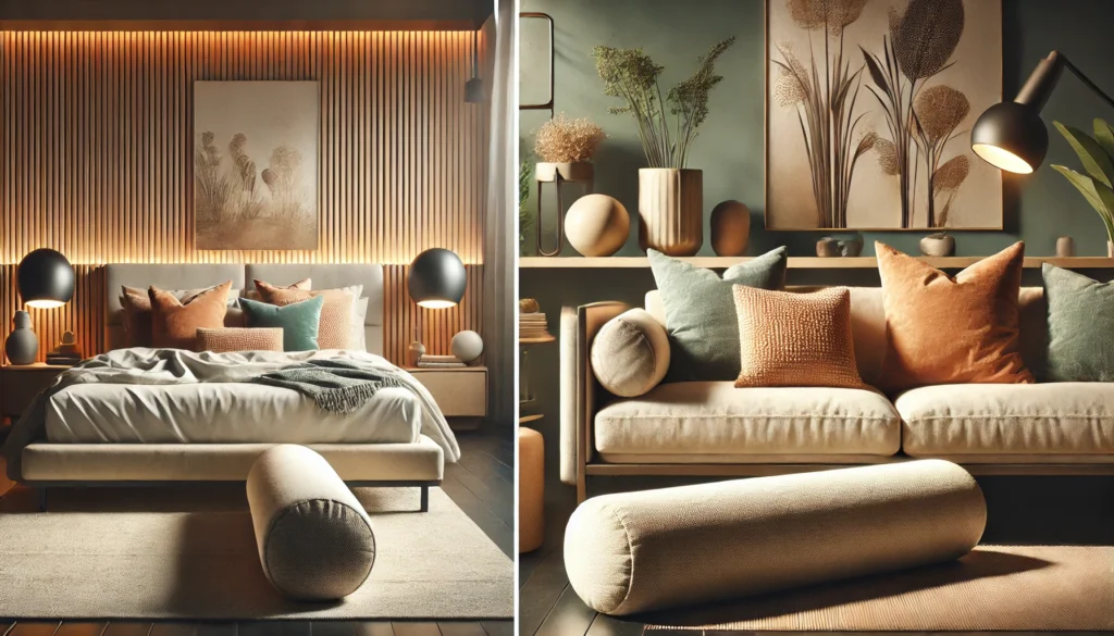 A bedroom featuring a bed with pillows and a lamp, showcasing how bolster pillows can enhance comfort and style.