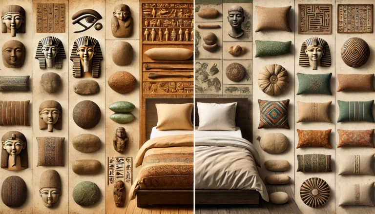 A cozy bed adorned with pillows and other items, creating a relaxing space. What was used before pillows?