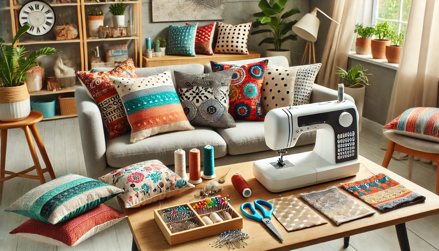 A sewing machine and different pillows are displayed on a table, showing how to make throw pillow covers without zipper.