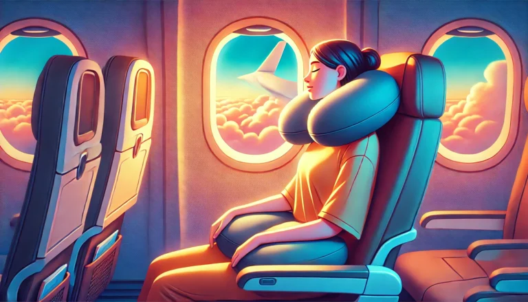 A woman rests comfortably on an airplane seat, showing how to use a travel pillow correctly for better sleep during flights.