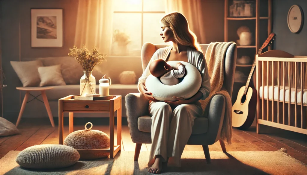 A woman sits in a chair holding a baby, demonstrating how to use the Breast Friend Pillow for comfort and support.