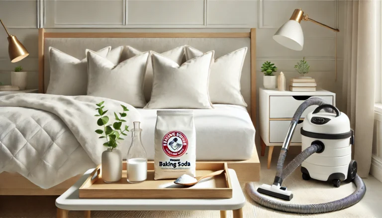 A tidy bedroom showing a bed with a white bedspread, a white nightstand, and a white vacuum cleaner. How to wash pillows with baking soda.