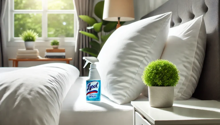 A bed featuring pillows and a bottle of bleach, prompting thoughts on whether it is safe to spray Lysol on pillows.