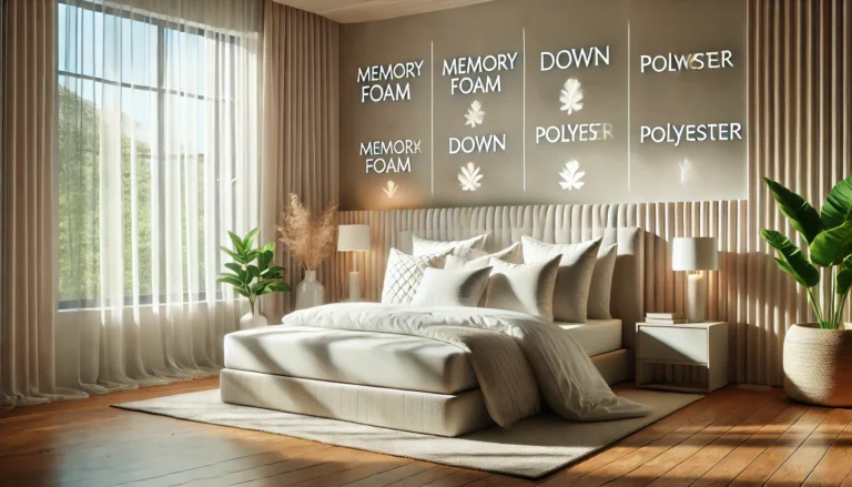 A simple bedroom scene with a bed, a window, and a wall covered in different Filling names. What is the best filling for bed pillows?