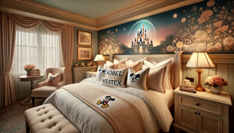 A cozy bedroom designed with a Mickey Mouse theme, including themed bedding and cheerful decor. What pillows do Disney resorts use?