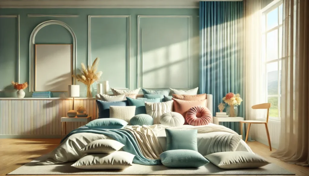 A cozy bedroom filled with soft and colorful pillows arranged on a bed, showing a calm and warm look, similar to the style of the 10 Most Recommended Pillows.