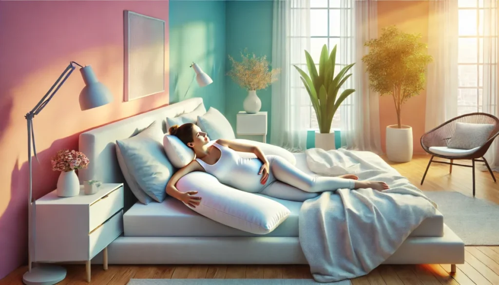 A pregnant woman resting on a large U-shaped pillow, using the Momcozy Pregnancy Pillow for full-body support, the most recommended pregnancy pillow for comfort.